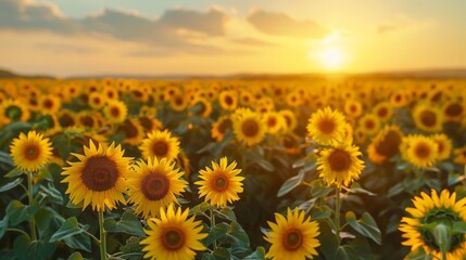 Fototapeta premium Stunning Sunflower Field at Sunset with Golden Sky and Vibrant Blooms Capturing the Beauty of Nature