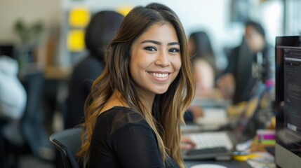 Excited about new job, marketing agent types, browses social media, and searches online. Picture of happy creative working on startup website at workplace.