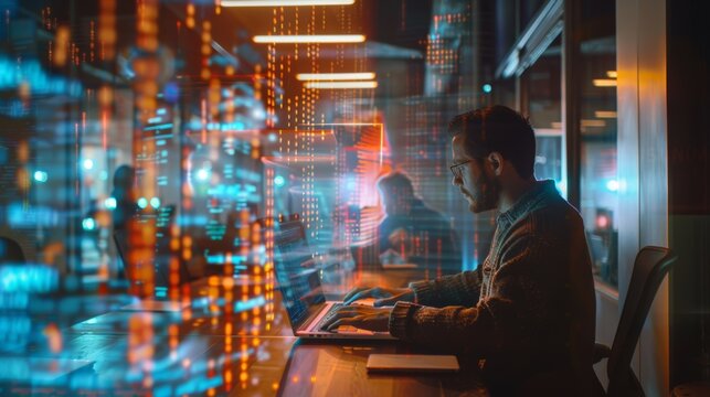 Man and laptop hologram, software, and cloud computing programmer. IT engineer, website server overlay and code, networking development digital algorithm or huge data