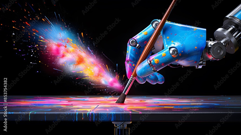 Wall mural A robotic arm equipped with a paintbrush, creating a digital painting on a canvas. List of Art Media: Photograph inspired by Spring magazine.