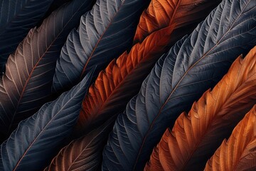 Close-up of colorful feathers with vibrant blue and orange hues, showcasing intricate texture and pattern in an abstract composition.