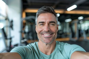 Obraz premium Fitness selfie of man in gym with rock hand gesture for cardio, wellness, and muscle. Senior male smile, healthy body, and face for bodybuilding, exercise, and sports aims