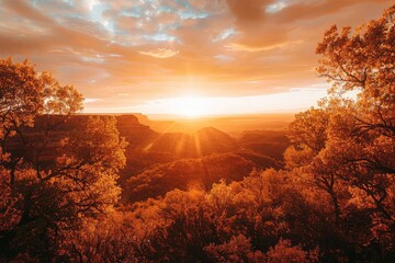 Stunning autumn sunrise over a scenic mountain landscape with vibrant foliage and a golden sky, perfect for nature and travel inspiration.