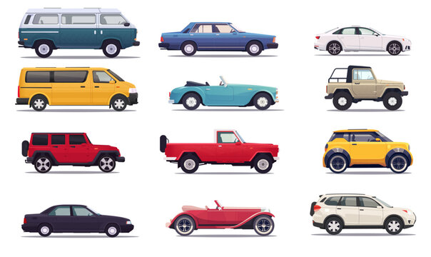Various car illustrations, flat graphic style, white background. Concept of different types of vehicles. Vector illustration