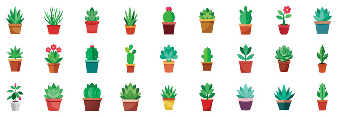 Cactus and succulent plant icons, flat vector cartoon illustration. Includes different styles of potted cacti, aloe, agave.