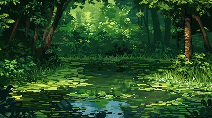 Obraz premium Pixel Art Dense Forest with Reflective Pond - 8bit pixel background
