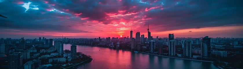 Stunning Urban Skyline at Sunset with Vibrant Colors Reflecting on the River