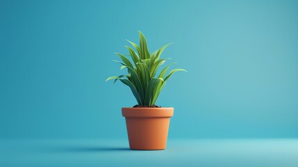 Vibrant green potted plant against a bright blue background, ideal for nature, decor, and lifestyle themes in stock photography. 3D Illustration.