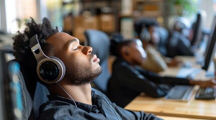 Tired, burned-out call center workers sleeping on computer desks in contact us, consultancy, and customer service offices. Bored team members, tired men, or black women from overloaded crm tasks
