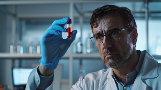 An unknown mixed-race medical professional examines a blood vial with a computer in a lab alone. Hispanic doctor analyzing test tube sample in clinic
