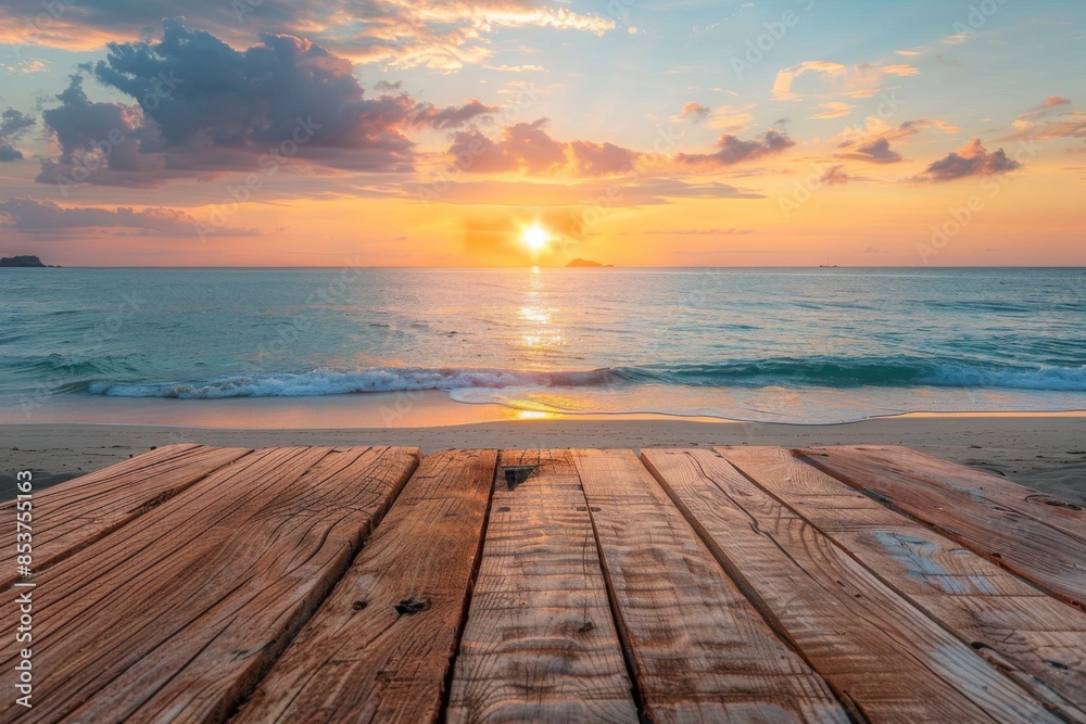 Wall mural Sunset Over Tropical Beach with Wooden Deck