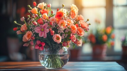 Bouquet of spring flowers in a vase on the kitchen table. Light scandinavian style. 
