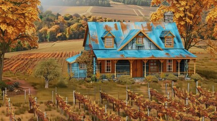Charming rustic cabin with a blue roof surrounded by autumn foliage and vineyard, evoking a serene countryside atmosphere.