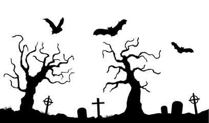 Scar haloween seamless landscape silhouette with a graveyard and flying bats in full moon on transparent background