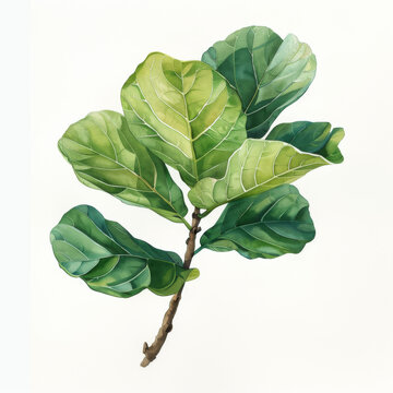 Detailed watercolor illustration of a fiddle leaf fig branch with green leaves on a white background.