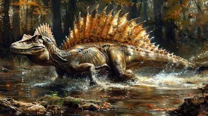 A Spinosaurus fishing in a river, displaying its impressive sail and hunting skills.