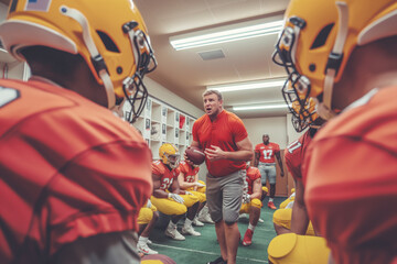 Football coach giving a motivational speech to players in locker room. Intense atmosphere with team wearing yellow helmets and red uniforms