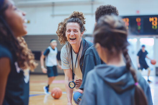 Female coach laughing with young basketball players during practice in gym. Energetic and positive atmosphere highlights teamwork and fun