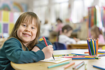Smiling girl with Down syndrome drawing with colored pencils at a table in a classroom. Cheerful and creative atmosphere with other children in background
