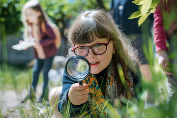 Curious girl with glasses using magnifying glass to explore nature in a garden. Other children in background engaged in outdoor learning activity