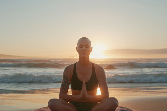 Person meditating on beach at sunrise with hands in prayer position. Calm and serene atmosphere highlighting tranquility and mindfulness - Powered by Adobe