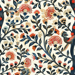 Seamless pattern of traditional Kalamkari art from India with flowers on a textured background in bright colors.