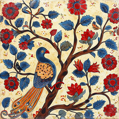 Traditional Kalamkari art from India with flowers and birds on a textured background in bright colors.