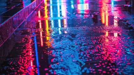 Vibrant spectrum of neon lights reflecting on wet pavement