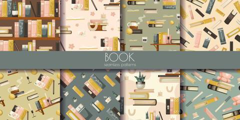 Illustrated patterns of books, pencils, and coffee cups on various backgrounds. Vector illustration © GN.STUDIO