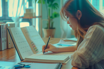 2024 Event planner timetable agenda plan on schedule event. Business woman checking planner, taking note on calendar desk on office table. Calendar event plan, work planning