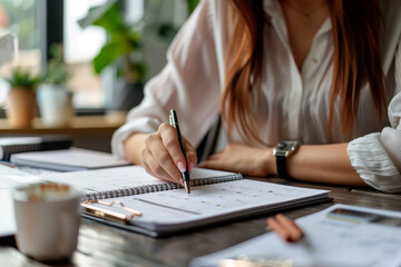 2024 Event planner timetable agenda plan on schedule event. Business woman checking planner, taking note on calendar desk on office table. Calendar event plan, work planning