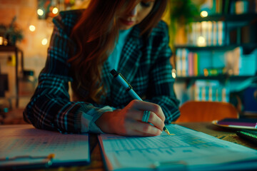 Fototapeta premium 2024 Event planner timetable agenda plan on schedule event. Business woman checking planner, taking note on calendar desk on office table. Calendar event plan, work planning