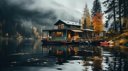 Fototapeta premium Contemporary Landscape Of A Houseboat On A Lake In Pine Forest Mist On Lake Cold Weather Dark Teal and Amber Background