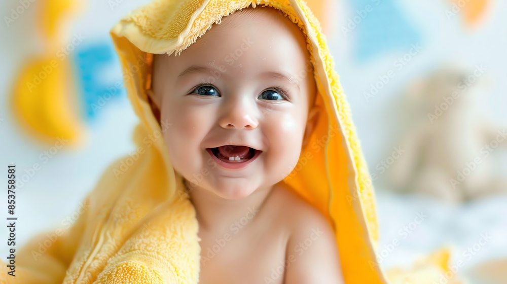 Poster A happy baby with big blue eyes is wrapped in a yellow towel.