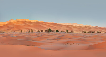 Naklejka premium General view of the Merzouga hotels district - Merzouga, Sahara, Morocco 