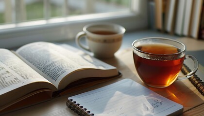 A student's desk with an open textbook, a notebook, and a cup of tea