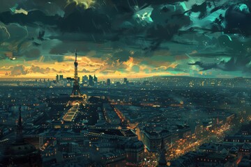 Fototapeta premium Paris, capital of France panorama aerial view at sunset or sunrise with copy space upon