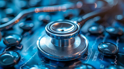 A close-up shot of a stethoscope lying on a blue background, evoking the essence of healthcare and medical advancements