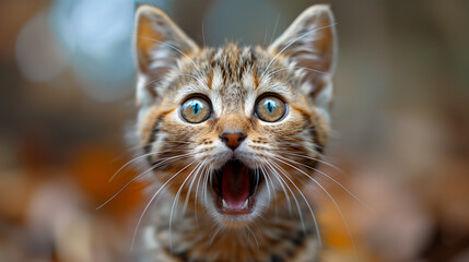 Obraz premium A close-up photograph of a tabby kitten with bright blue eyes, its mouth open in a surprised yawn, set against a background of blurred autumn leaves