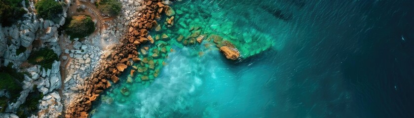 Aerial view of rocky coastline and crystal clear turquoise water, showcasing the natural beauty of the ocean and shore.