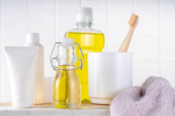 Oil Pulling  Mouthwash, dental oral hygiene rinse aid liquid, trendy alternative detoxifying...