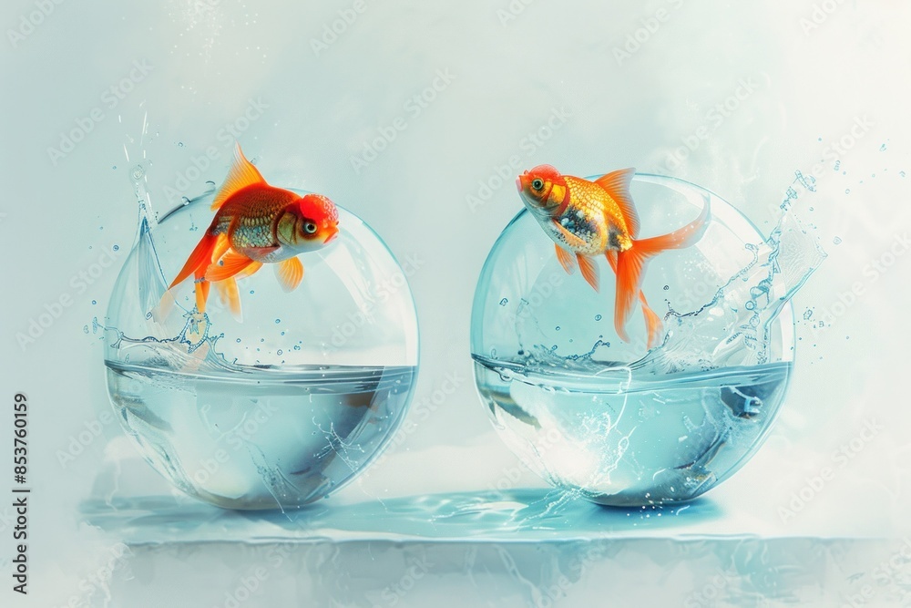Wall mural Two goldfish jumping out of a glass bowl with water splashing a playful moment of escape and freedom - Wall murals