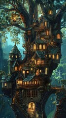 Obraz premium Enchanting treehouse village illuminated at night in a magical forest, filled with whimsical details and glowing windows.