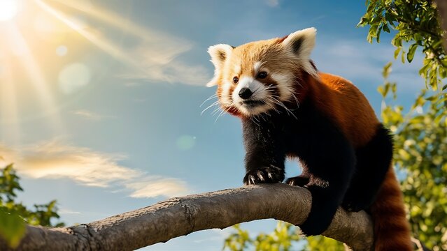 Red panda on a tree on a sunny day (High Quality Wallpaper Wild Photography)