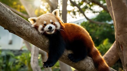 Fototapeta premium Red panda on a tree on a sunny day (High Quality Wallpaper Wild Photography)