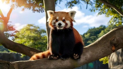 Red panda on a tree on a sunny day (High Quality Wallpaper Wild Photography)