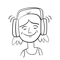Cute teenage girl in headphones listens to music. Vector hand drawn illustration isolated on white.