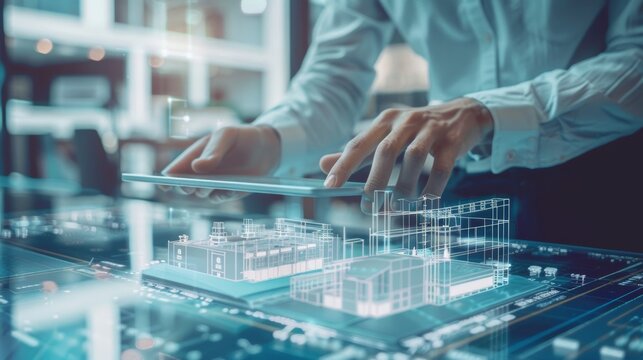 Engineer or architect is looking and touching the interface with virtual building design technology on computer tablet at modern office on site Wireless digital building automation control concept