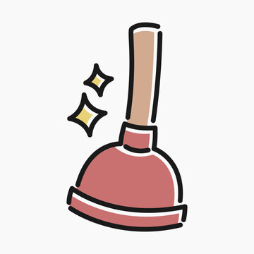 recommend clip art: Simple flat line art cartoon of a sparkling plunger. Illustration of a plunger with sparkles, perfect to represent the cleaning themes. Plunger with wooden handle and red rubber cup.