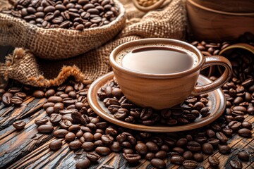 Naklejka premium Coffee cup top view. Sack with beans next to it. Copy space for text